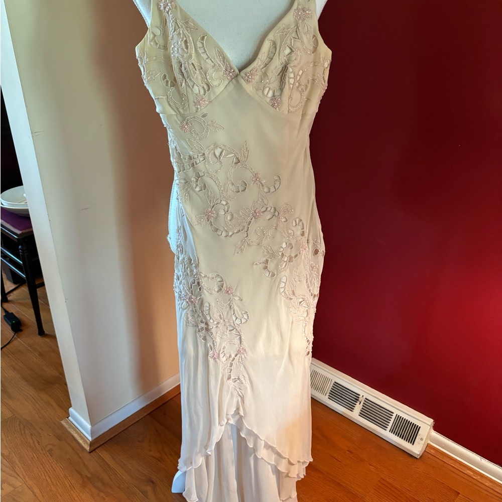 Marina Beige Silk Floral Beaded Embroidered Dress